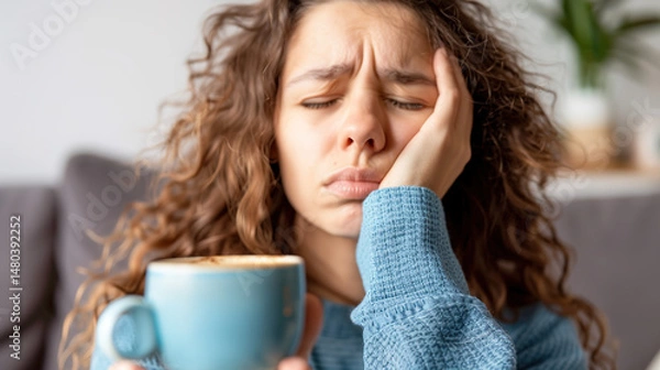 Fototapeta Exhausted young woman rubbing tired eyes with visible dark circles and messy hair, feeling sleepy and fatigued at home or office. Stress, insomnia and burnout concept.