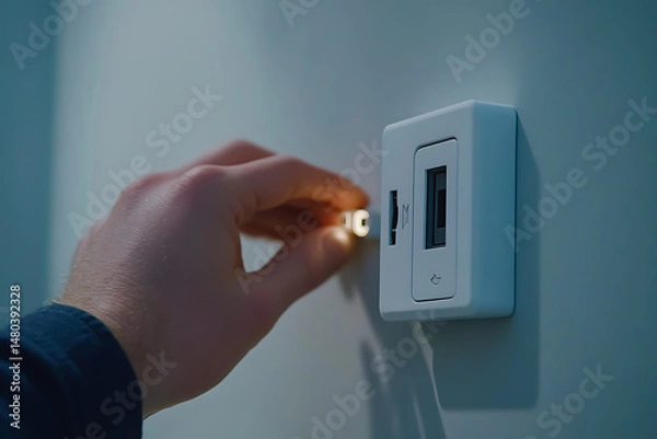 Fototapeta Hand Inserting a USB Drive into a Wall Outlet