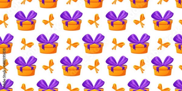 Fototapeta Seamless pattern with gift boxes and bows. Bright orange and purple colors make it perfect for holiday wrapping paper, party invitations, birthday decor, and festive packaging