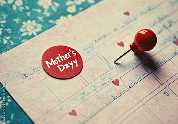 Obraz A calendar page marked for Mother's Day.  Red circle sticker, decorative hearts, and a push pin.  Vintage style