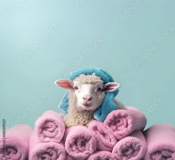 Fototapeta A domestic sheep lies on a row of pink rolled-up towels, wearing a terrycloth turban on its head, against a blue background.