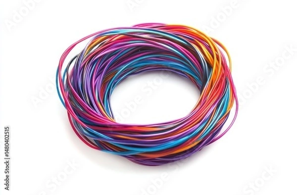 Fototapeta Colorful wires in a circular coil, various vibrant hues.  Close-up view against a white background