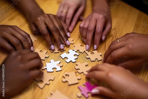 Obraz Diverse hands collaboratively assembling a jigsaw puzzle on a light-colored wooden table.  Multiple hands, different skin tones, carefully fitting puzzle pieces together, focused on a common goal