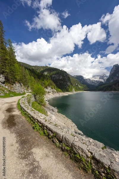 Fototapeta Vorderer Gosausee and Dachstein glacier reflecting in the lake in Gosau, Austria