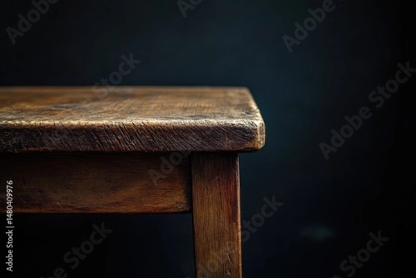 Obraz Close-up of a weathered wooden table corner against a dark backdrop.  The table's surface shows signs of age and use.  Simple, rustic design