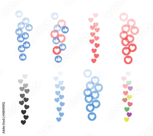 Fototapeta Set of colorful vector hearts for stream. Vector illustration, Like and Heart icon. Live stream video, chat, likes. Social nets like red heart web buttons isolated on Transparent Background