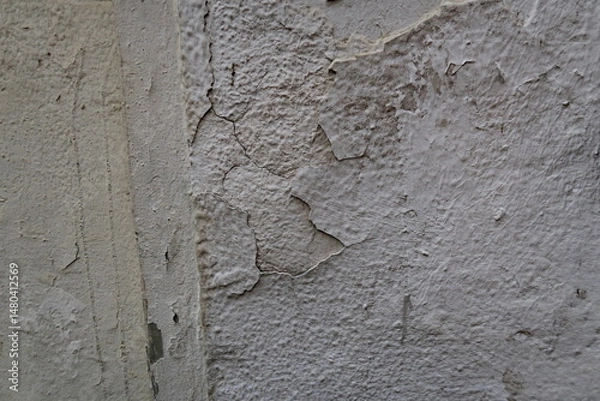 Obraz Mur granuleux enduit en blanc avec craquelures et fissures.