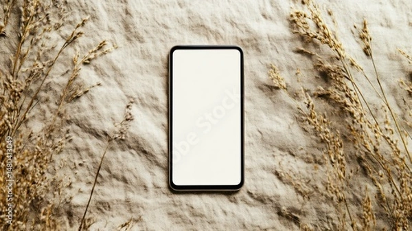 Fototapeta A minimalist smartphone mockup with a crisp blank white screen, centered on a soft textured background
