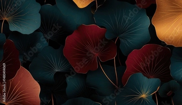 Obraz Dark, vibrant lotus leaves in rich jewel tones create a luxurious, intricate pattern