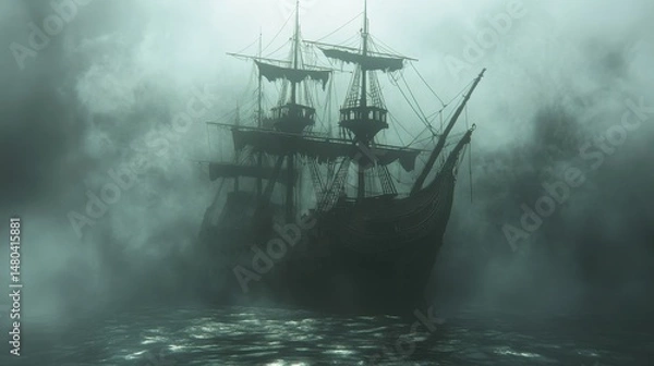 Fototapeta Old galleon ship sailing through a misty sea. Ghost ship in the fog. Pirate ship sailing in the night. Concept for danger, horror, mystery and adventure themes.