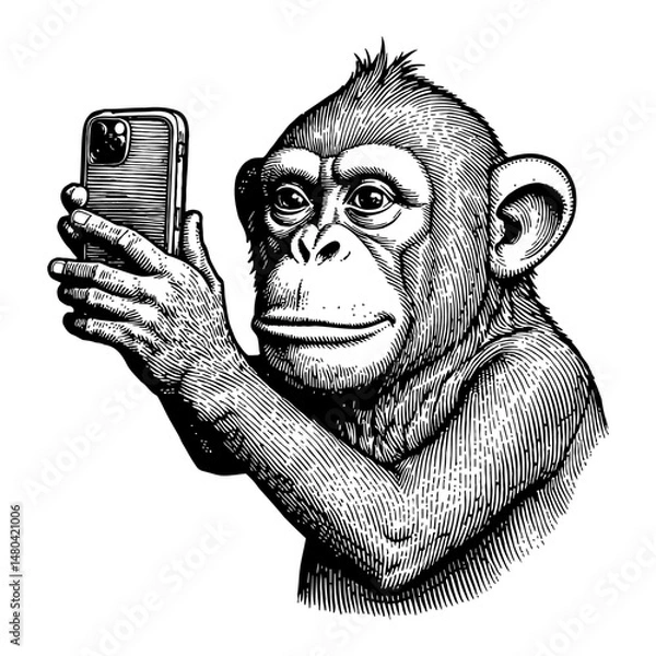 Fototapeta Monkey Taking Selfie Using Smartphone Black and White Outline Line Art Drawing Illustration