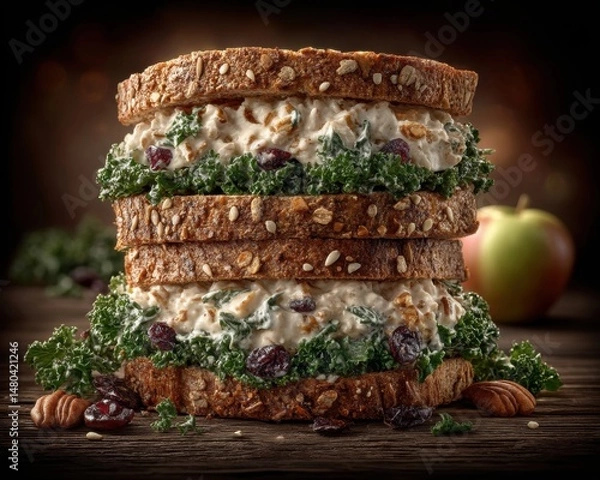 Obraz A hearty stacked sandwich with multigrain bread, creamy filling, kale, nuts, and cranberries, placed on a rustic wooden surface with an apple in the background.