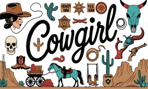 Fototapeta Create a modern vector-style illustration celebrating cowgirl and Wild West culture, easily scalable and editable.