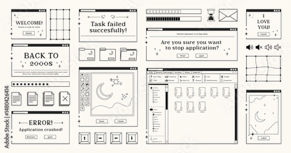 Fototapeta Set of retro computer windows and dialogue screens, buttons, documents and folders symbols, interfaces and loading bars in 2000s aesthetics. Vector illustration and graphic design elements.