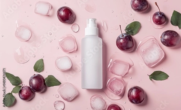 Obraz Plums, ice, and a spray bottle arranged on a pink surface, suggesting a refreshing skin care product