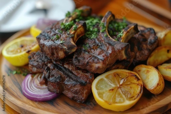 Obraz Greek Lamb Paidakia Served With Lemon, Herbs, and Rustic Potato Wedges