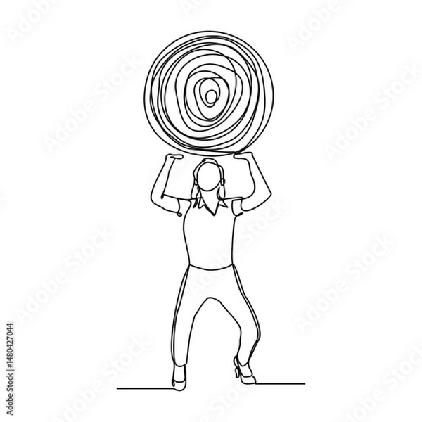 Obraz continuous line drawing of business woman carry stone rock obstacle burden load expenses sketch editable stroke vector illustration