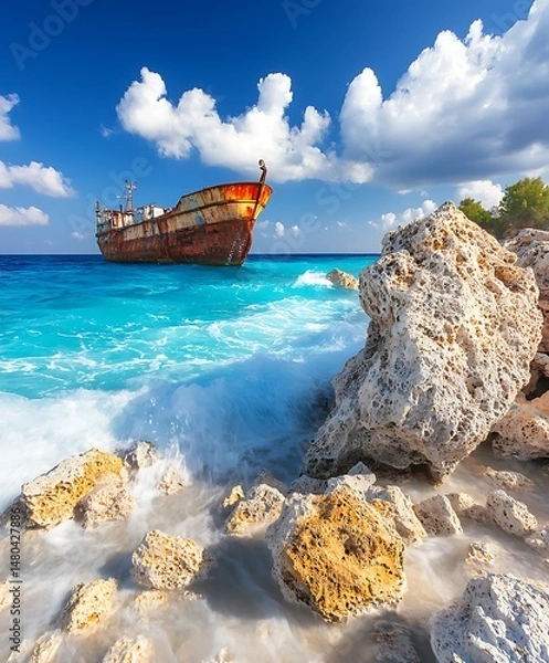 Obraz Shipwrecked freighter on turquoise waters, waves crashing on por