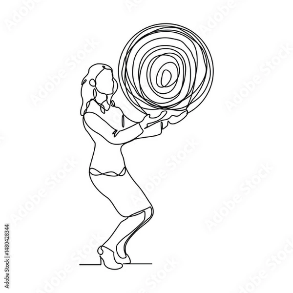 Obraz continuous line drawing of business woman carry stone rock obstacle burden load expenses sketch editable stroke vector illustration