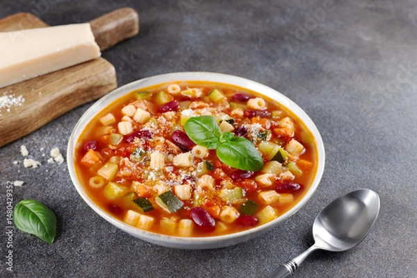 Obraz Italian vegetable soup Minestrone with pasta and parmesan cheese on gray background. Italian food.