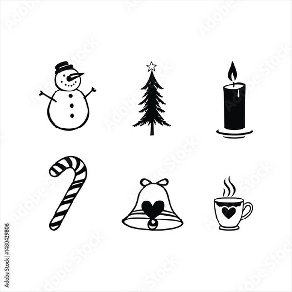 Fototapeta A collection of christmas themed doodles including a snowman tree and a hot beverage mug