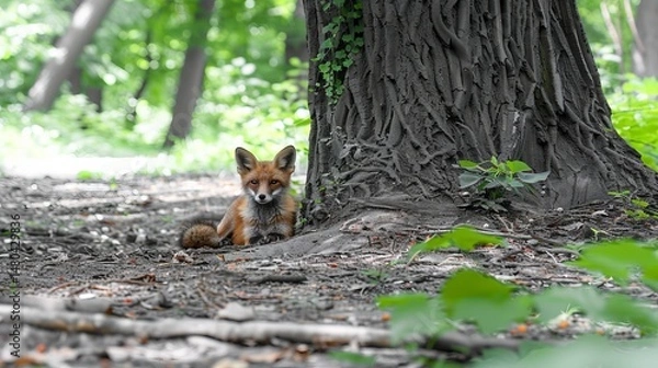 Fototapeta A serene fox resting beneath a tree in a lush forest, surrounded by vibrant wildlife and nature.