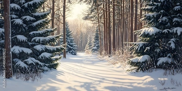 Fototapeta Snowy Forest Path Leading Through Winter Wonderland with Frost-Covered Trees and Serene Atmosphere Ideal for Seasonal Design Projects
winter forest in the morning