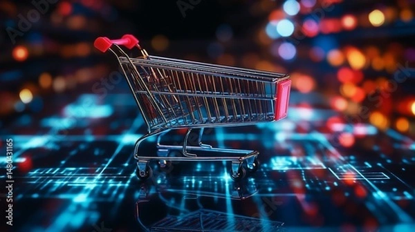 Fototapeta A digital shopping cart on a glowing background, symbolizing online retail and e-commerce