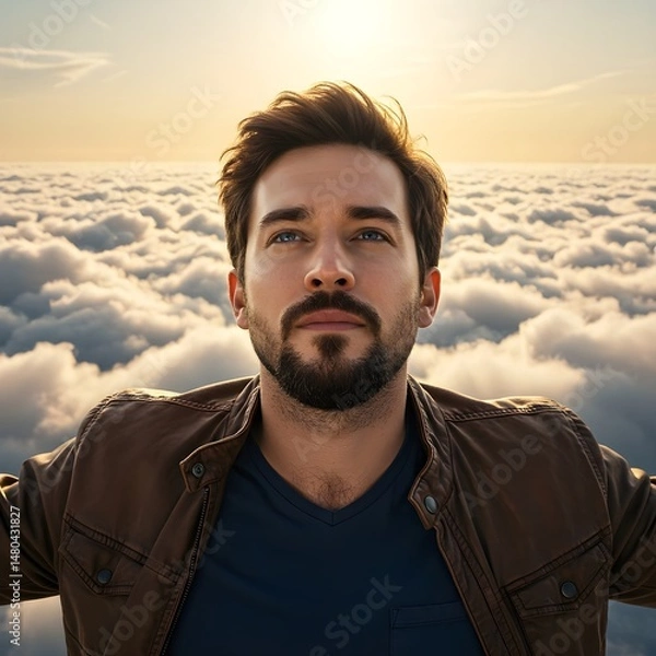 Fototapeta Serene man standing above the clouds at sunrise with soft lighting and calm expression