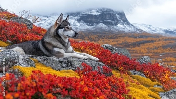 Obraz Husky resting on autumnal mountain rocks