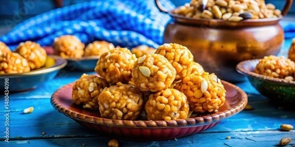 Obraz A Close-Up of Sweet, Golden-Brown, Crunchy, Sesame Seed Balls Arranged in a Ceramic Dish on a Blue Wooden Surface