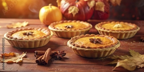 Obraz A trio of golden pumpkin pies with star anise and cinnamon sticks, a delicious autumnal dessert