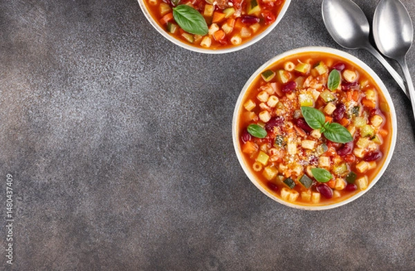 Obraz Vegetable soup with beans and pasta on gray background. Italian food. Minestrone soup. Top view. Copy space.