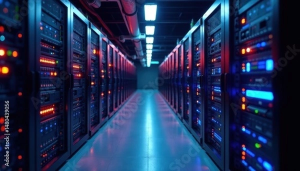 Fototapeta Server room with network cables and equipment, connection, efficient
