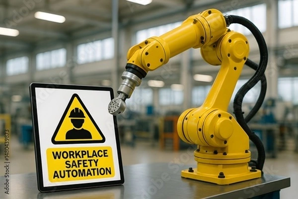Fototapeta A yellow robotic arm sits beside a “Workplace Safety Automation” caution sign in a factory. Concept of industrial safety and automated protection.