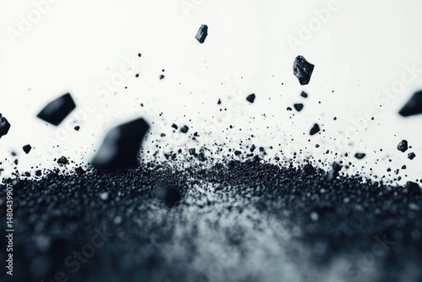 Obraz Dark, fragmented matter exploding outward on a white background.  Small, dark fragments of matter are suspended in the air, dispersing outward from a concentrated center