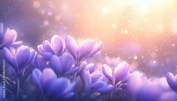 Fototapeta Soft sunlight illuminates a field of delicate purple crocuses