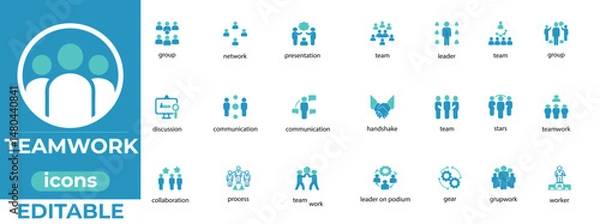 Fototapeta Editable teamwork icons with a clean, modern style ideal for business, collaboration, HR, leadership, and project visuals.
