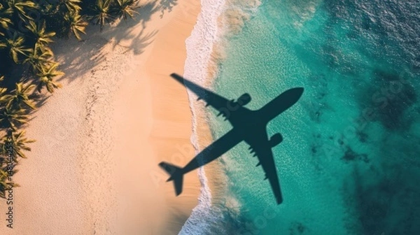 Obraz Tropical Escape: A Bird's Eye View of Paradise with Plane Silhouette