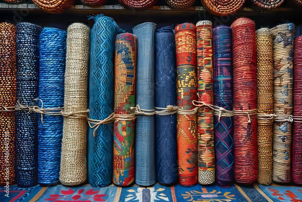 Obraz Colorful rolled carpets displaying traditional patterns in a bazaar
