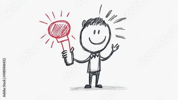 Fototapeta Happy Character Holding Joyful Red Microphone in Creative Sketch Style for Fun and Imaginative Projects