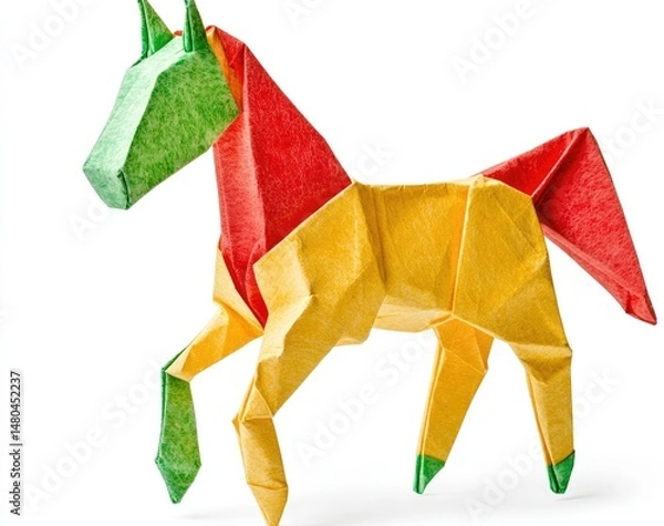 Fototapeta Colorful origami horse, folded from paper in three colors green, red, and yellow.  It's a detailed depiction of a horse in profile view,  with distinct folds creating the animal's form