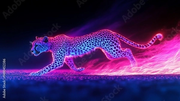 Fototapeta Neon cheetah running in the dark with pink and blue light trails for a stunning effect
