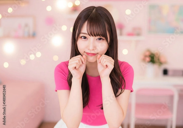 Obraz ピン色の部屋でキュートなポーズを決める日本人女性のポートレート