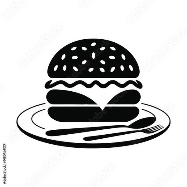 Fototapeta Burger with Spoon and Fork Vector Icon Fast Food Silhouette
