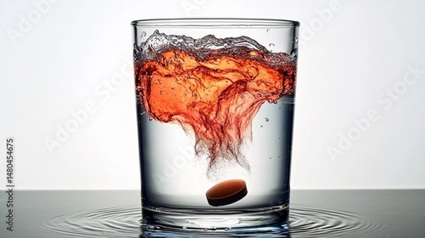 Fototapeta ferrous fumarate tablet in glass of water showing gradual dispersion. Time-lapse sequence from intact tablet to complete solution. solubility test, dissolution process, water interaction, chemical 