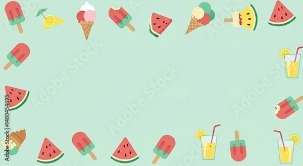 Fototapeta Summer Food and Drink Border with Ice Cream, Watermelon, and Juice – Blank Background Template