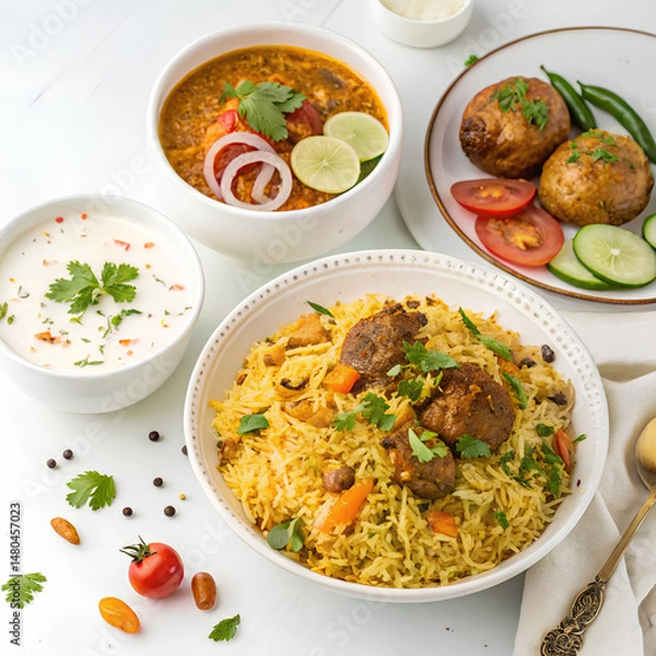Fototapeta Delicious Mutton Biryani with Curry, Raita, and Kebabs