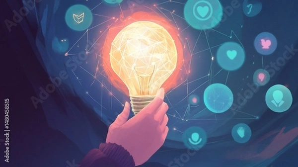 Fototapeta Hand holding glowing lightbulb, abstract digital design, conceptual idea, inspiration