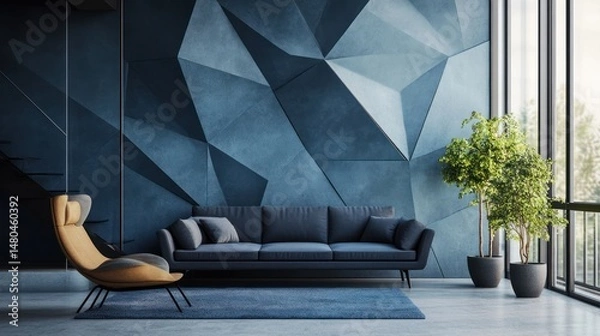 Fototapeta Sophisticated interior showcasing a geometric wall, comfortable seating, and lush greenery